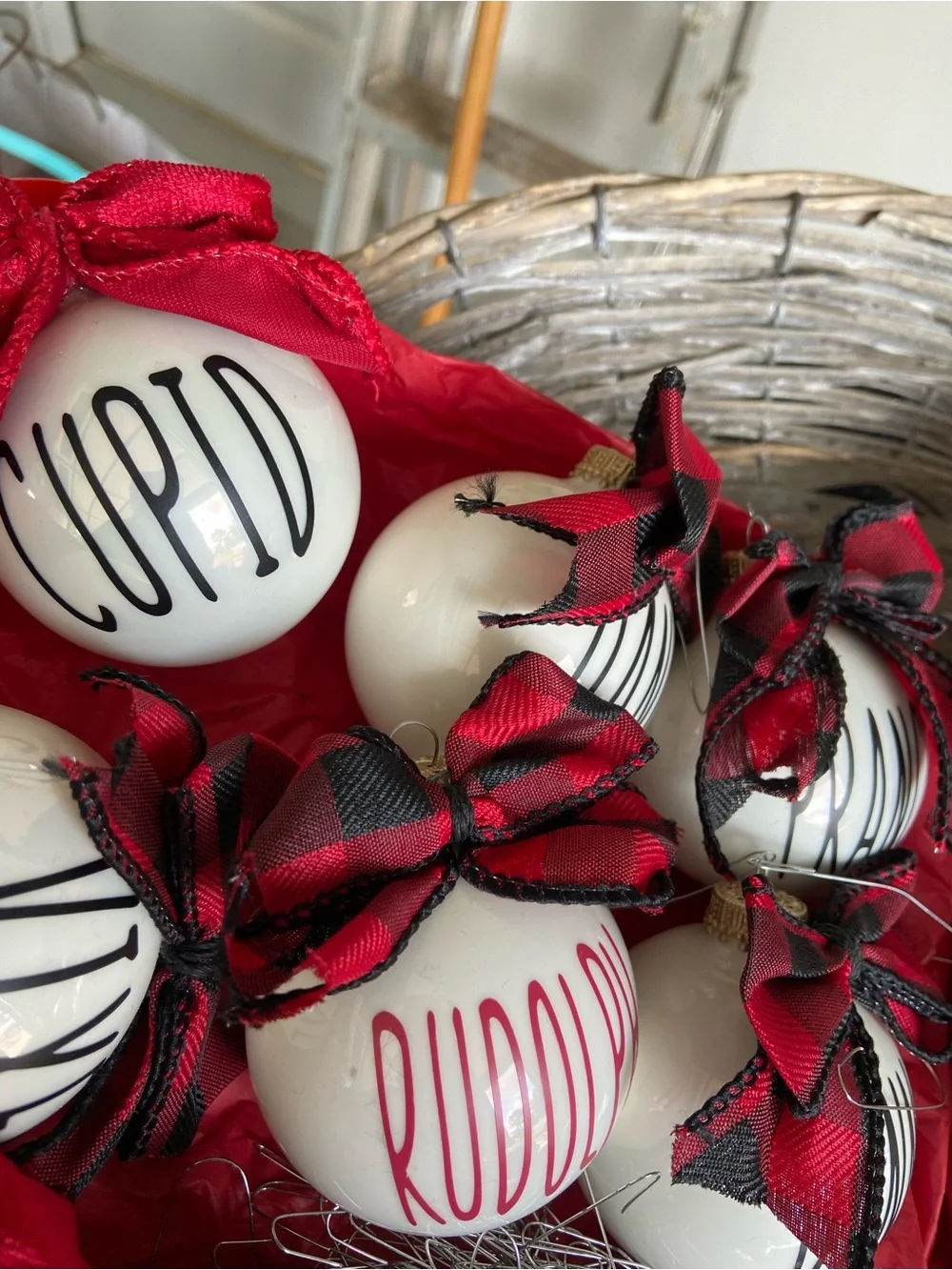 Rae Dunn White Ceramic Ornaments with Red Ribbon Accents Set of 18